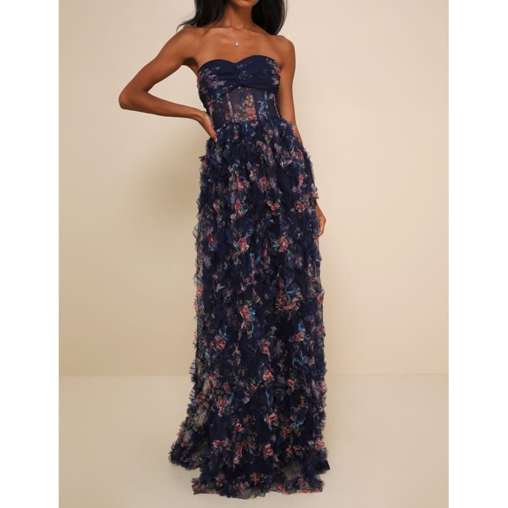 NWT Lulus Stunning Element Navy Floral Mesh Ruffled Strapless Maxi Dress XL